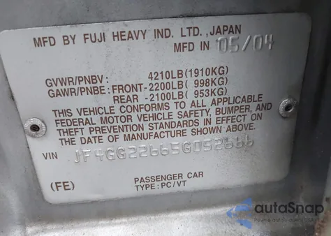 2005 Saab 9-2X Aero из США, поврежденный, VIN JF4GG22665G052666